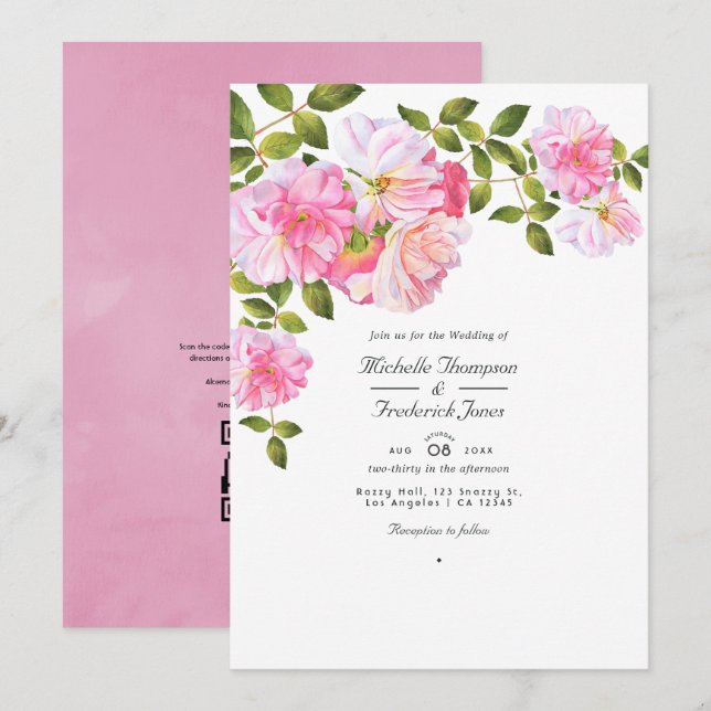Pink Rose  QR Code RSVP Garden Wedding Invitation (Front/Back)