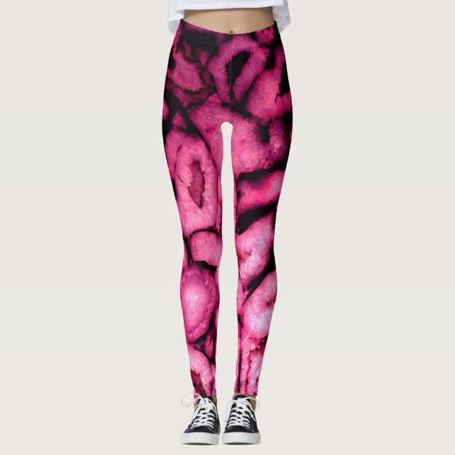 Pink Rose Quartz Agate Geodes abstract pattern Leggings (Front)