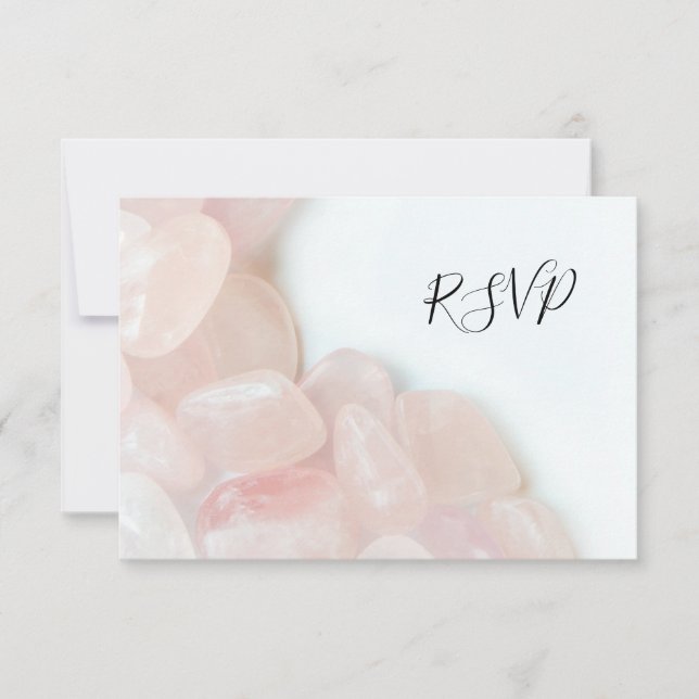 Pink Rose Quartz on White Wedding RSVP Reply Card (Front)