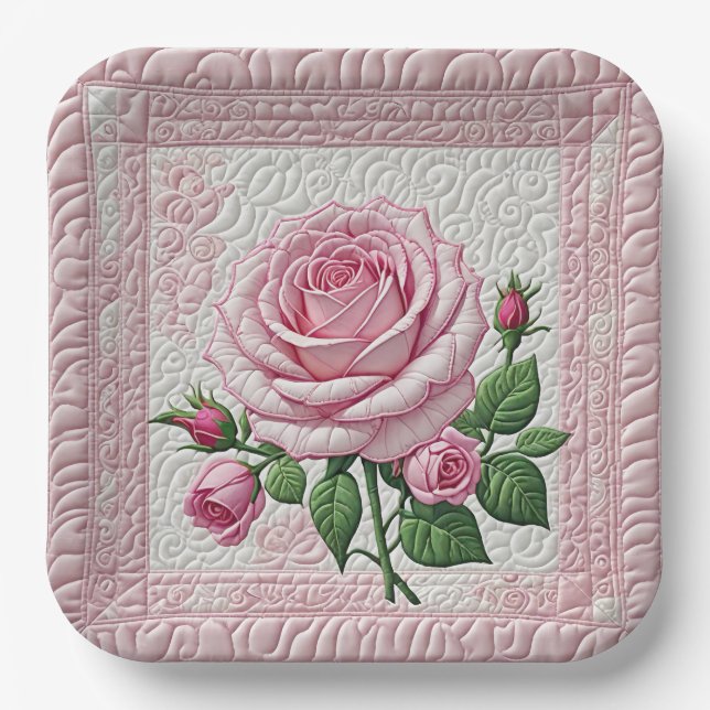 Pink Rose Quilt Paper Plate (Front)