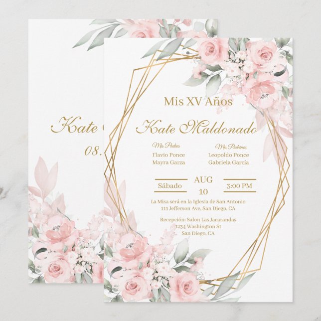 Pink rose Quinceanera invitation (Front/Back)