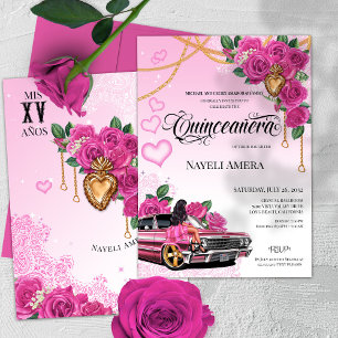 Pink Rose Quinceanera Pink Lowrider Chola Chicana Invitation
