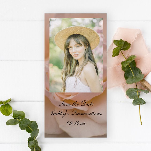 Pink Rose Quinceañera Save the Date Photo Card (Creator Uploaded)