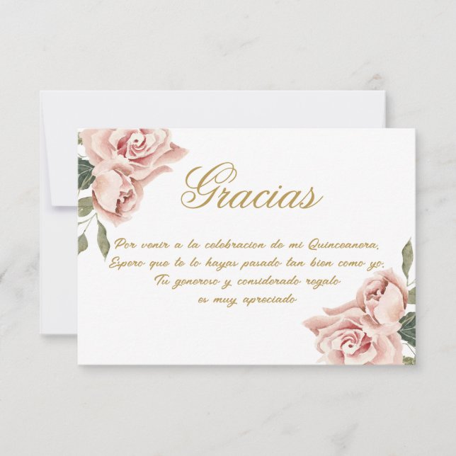 Pink Rose Quinceañera Thank You Card (Front)