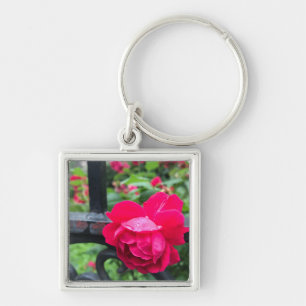 Pink Rose Raindrops Dew Garden Gate Photo Key Ring
