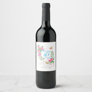 Pink Rose Ribbon 40th Birthday Wine Label