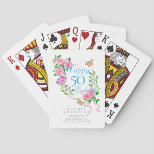 Pink Rose Ribbon 50th Birthday Playing Cards