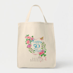Pink Rose Ribbon 50th Birthday Tote Bag