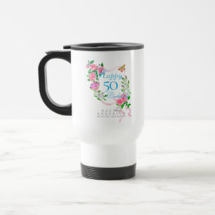 Pink Rose Ribbon 50th Birthday Travel Mug