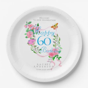 Pink Rose Ribbon 60th Birthday Paper Plate