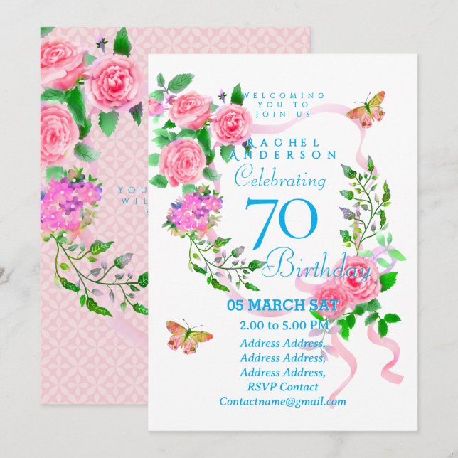 Pink Rose Ribbon 70th  Birthday Invitation (Front/Back)