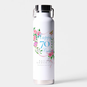 Pink Rose Ribbon 70th Birthday Water Bottle