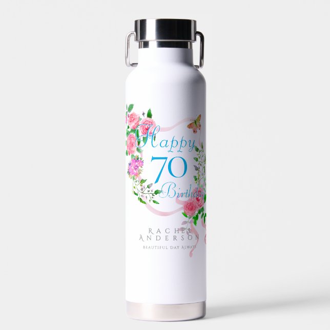 Pink Rose Ribbon 70th Birthday Water Bottle (Front)