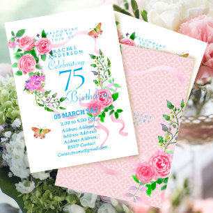 Pink Rose Ribbon 75th Birthday Invitation