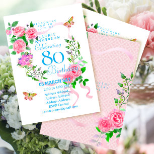 Pink Rose Ribbon 80th Birthday Invitation
