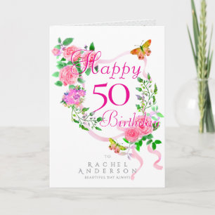 Pink Rose Ribbon Birthday Holiday Card