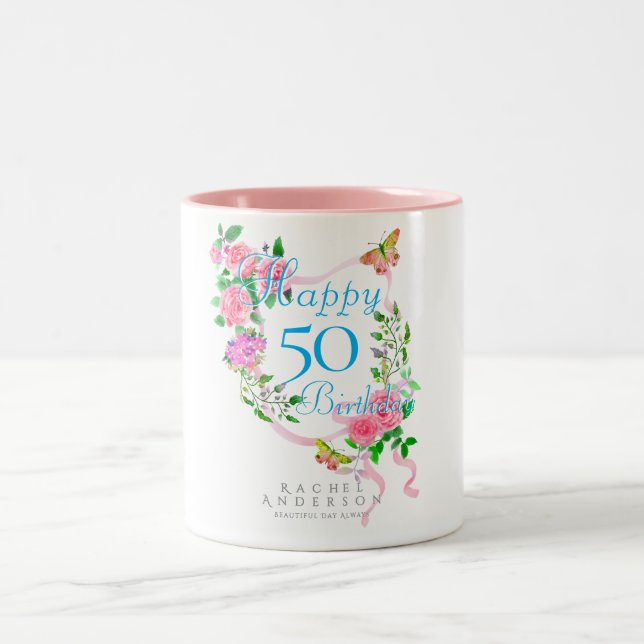 Pink Rose Ribbon Birthday Two-Tone Coffee Mug (Center)