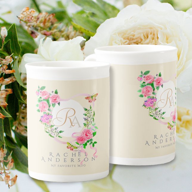 Pink Rose Ribbon Chic Monogram Beige Bone China Mug (Romantic Pink Rose Ribbon Monogram Beige  Mug.)