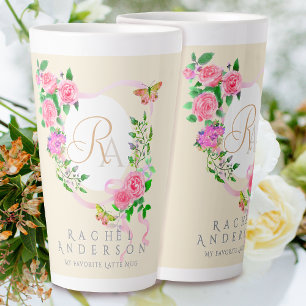 Pink Rose Ribbon Chic Monogram Beige Latte Mug