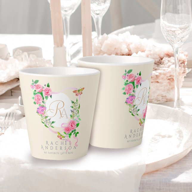 Pink Rose Ribbon Chic Monogram Beige Latte Mug (Romantic Pink Rose Ribbon Monogram Beige Latte Mug.)