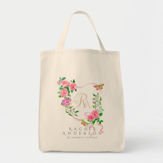 Pink Rose Ribbon Chic Monogram Beige Tote Bag (Front)