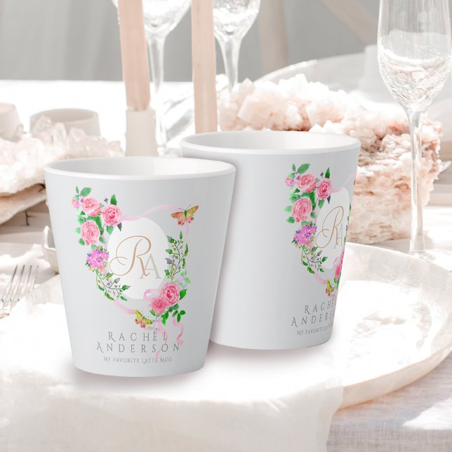 Pink Rose Ribbon Chic Monogram Grey Latte Mug (Romantic Pink Rose Monogram Grey Latte Mug.)