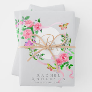 Pink Rose Ribbon Chic Monogram Grey Wrapping Paper Sheet