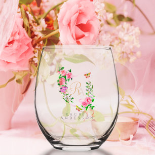 Pink Rose Ribbon Chic Monogram Stemless Wine Glass