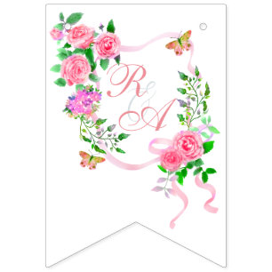Pink Rose Ribbon Monogram  Bunting