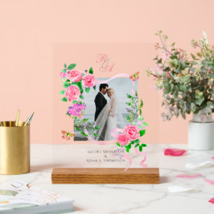 Pink Rose Ribbon Monogram Photo Wedding Acrylic Sign