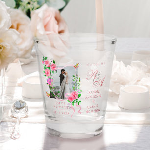 Pink Rose Ribbon Monogram Photo Wedding Shot Glass