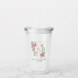 Pink Rose Ribbon Monogram Wedding Acrylic Tumbler