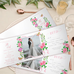 Pink Rose Ribbon Monogram Wedding Invitation
