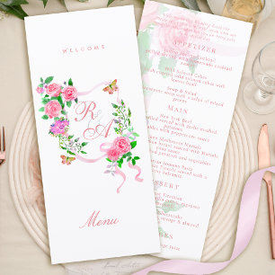 Pink Rose Ribbon Monogram Wedding Menu