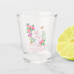 Pink Rose Ribbon Monogram Wedding Shot Glass