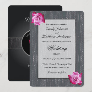 Pink Rose Ribbon Silver Glow Wedding Invitation
