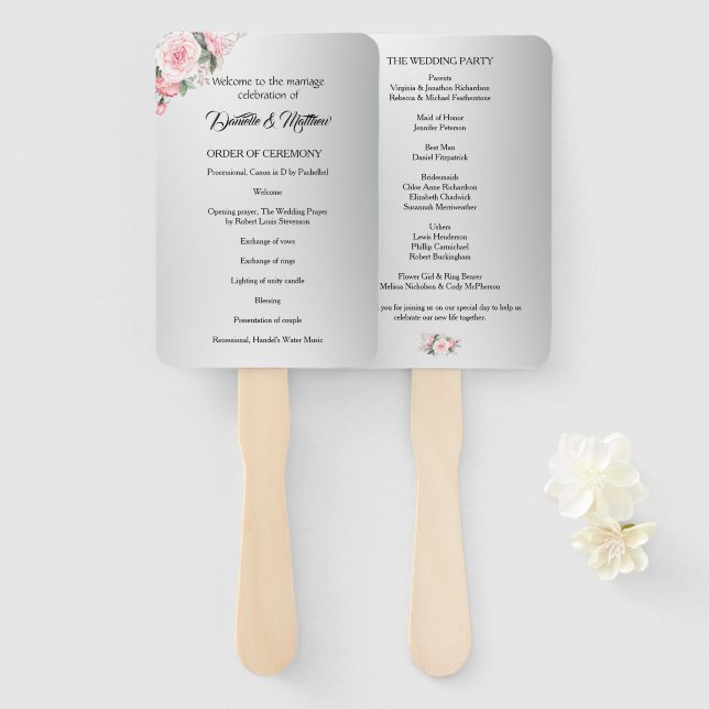 Pink Rose Romance and Silver Wedding  Hand Fan (Front and Back)