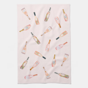 Pink rosé rose wine bottle watercolor illustration tea towel