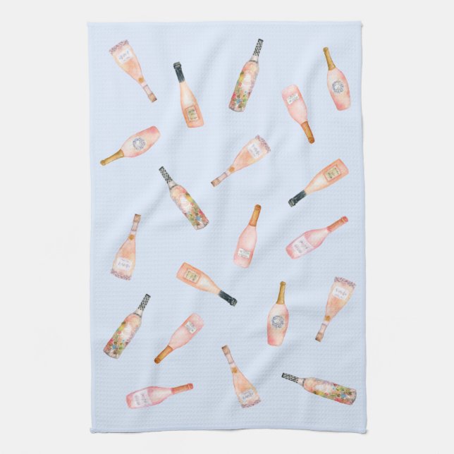 Pink rosé rose wine bottle watercolor illustration tea towel (Vertical)