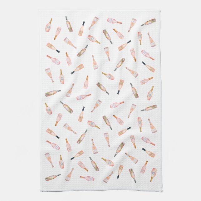 Pink rosé rose wine bottle watercolor illustration tea towel (Vertical)