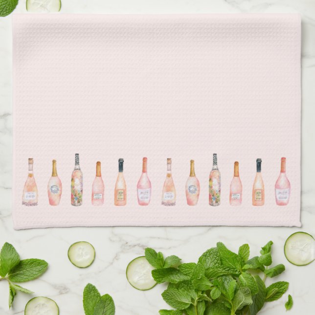 Pink rosé rose wine bottle watercolor illustration tea towel (Folded)