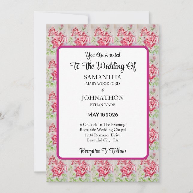 Pink Rose Roses Flower Wedding Invitation (Front)