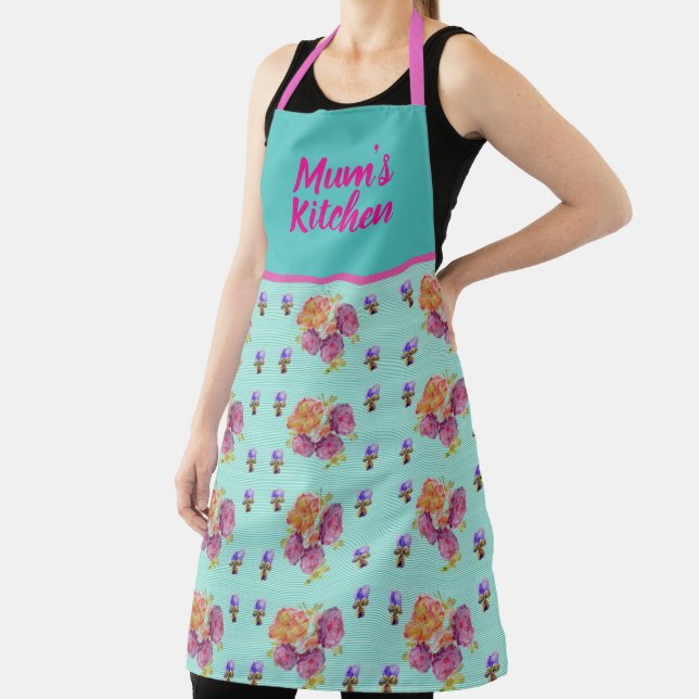 Pink Rose Roses on Aqua Floral Flowers Flower Apron (Insitu)