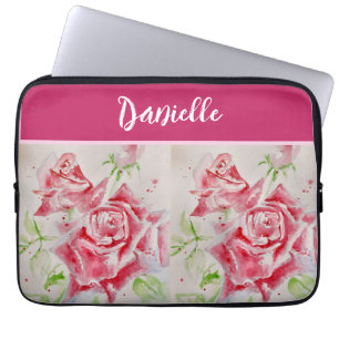Pink Rose Roses Watercolor Customizable Laptop Sleeve