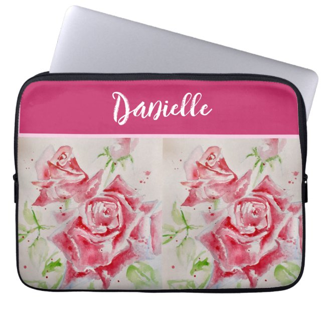 Pink Rose Roses Watercolor Customizable Laptop Sleeve (Front)