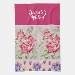 Pink Rose Roses Watercolor Customizable Tea Towel