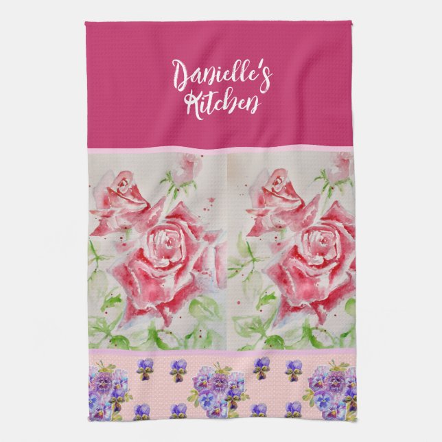 Pink Rose Roses Watercolor Customizable Tea Towel (Vertical)