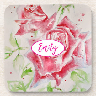 Pink Rose Roses Watercolor Flower Floral art Coaster