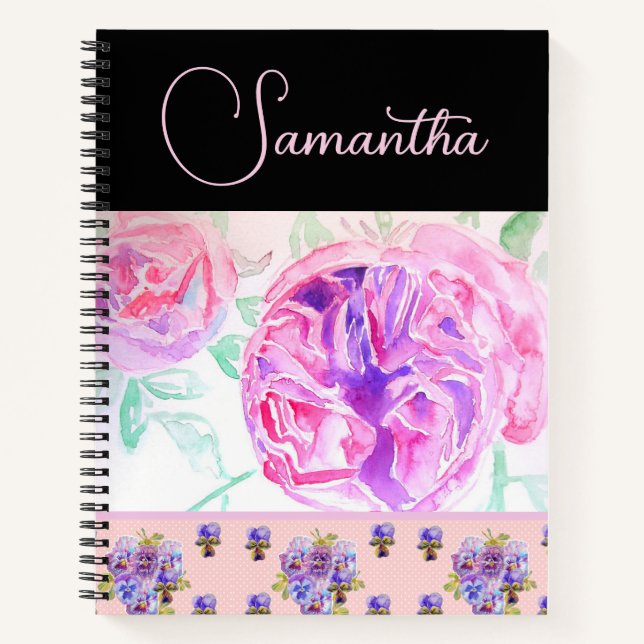 Pink Rose Roses Watercolor Flower Floral art Notebook (Front)