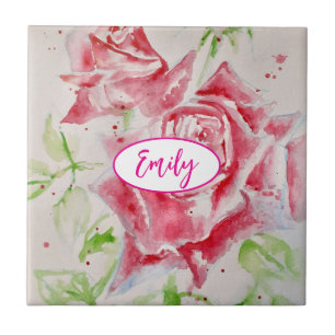Pink Rose Roses Watercolor Flower Floral art Tile